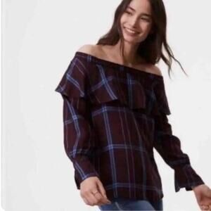 NWT Loft burgundy and blue plaid off the shoulder ruffle top Sz S petite